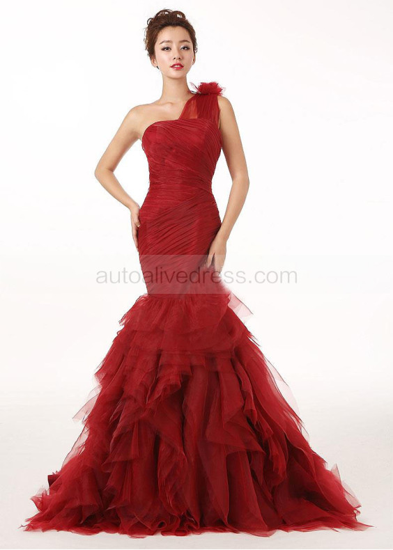One Shoulder Burgundy Pleated Tulle Celebrity Wedding Dress